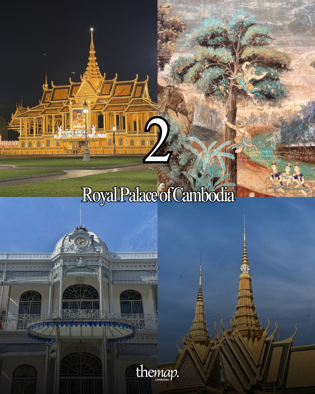 Golden throne hall, painted murals and gilded spires at the Royal Palace of Cambodia