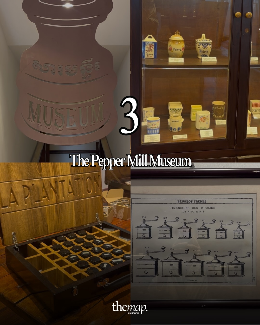 Vintage pepper pots, a La Plantation tasting box and a Peugeot mill diagram at the Pepper Mill Museum