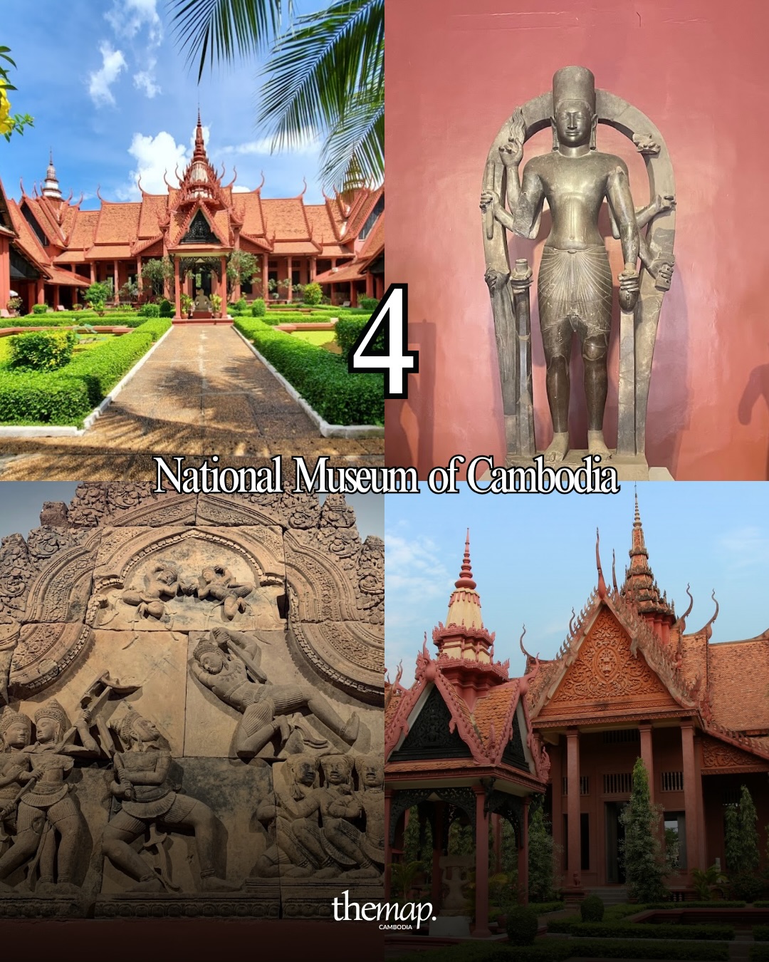 Terracotta-red National Museum of Cambodia with garden courtyard, a stone deity and a temple bas-relief