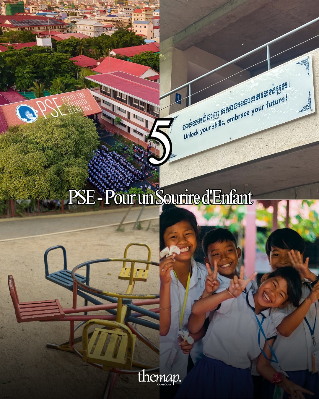 Aerial view of the PSE campus, a vocational-training sign and smiling students in Phnom Penh
