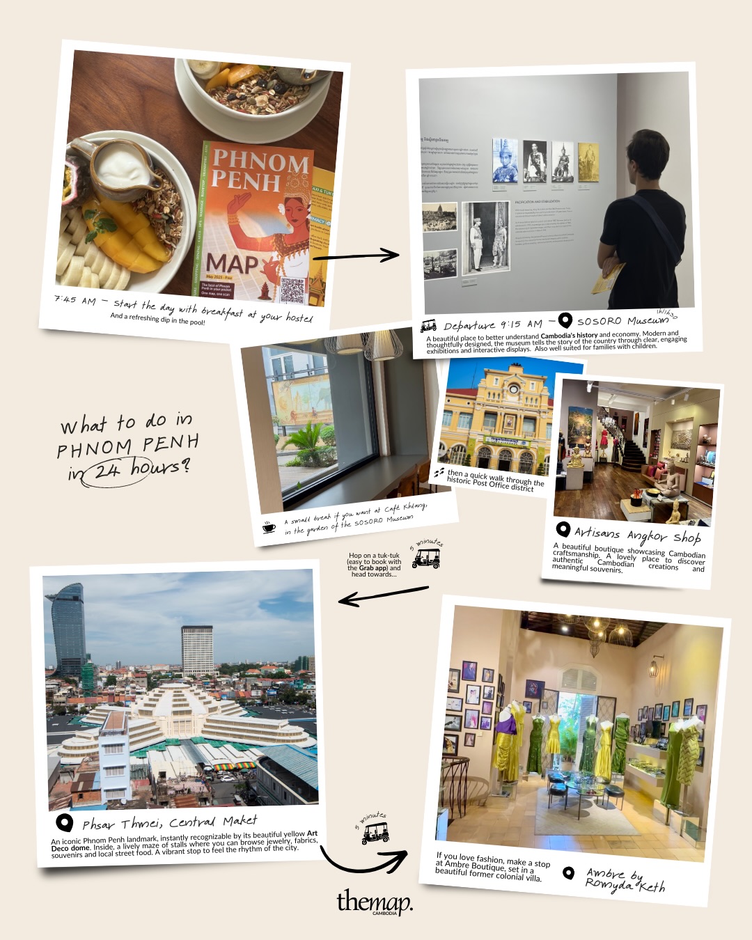 Morning collage: hotel breakfast bowls, the SOSORO Museum, the yellow Art Deco dome of Central Market and the Ambre boutique