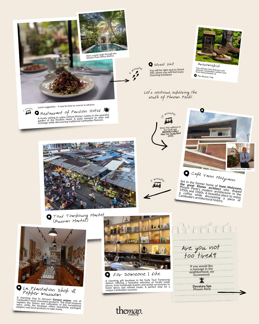 Midday and afternoon collage: a Khmer lunch in a leafy hotel garden, Street 240 boutiques, Café Vann Molyvann, the Russian Market and the La Plantation pepper shop