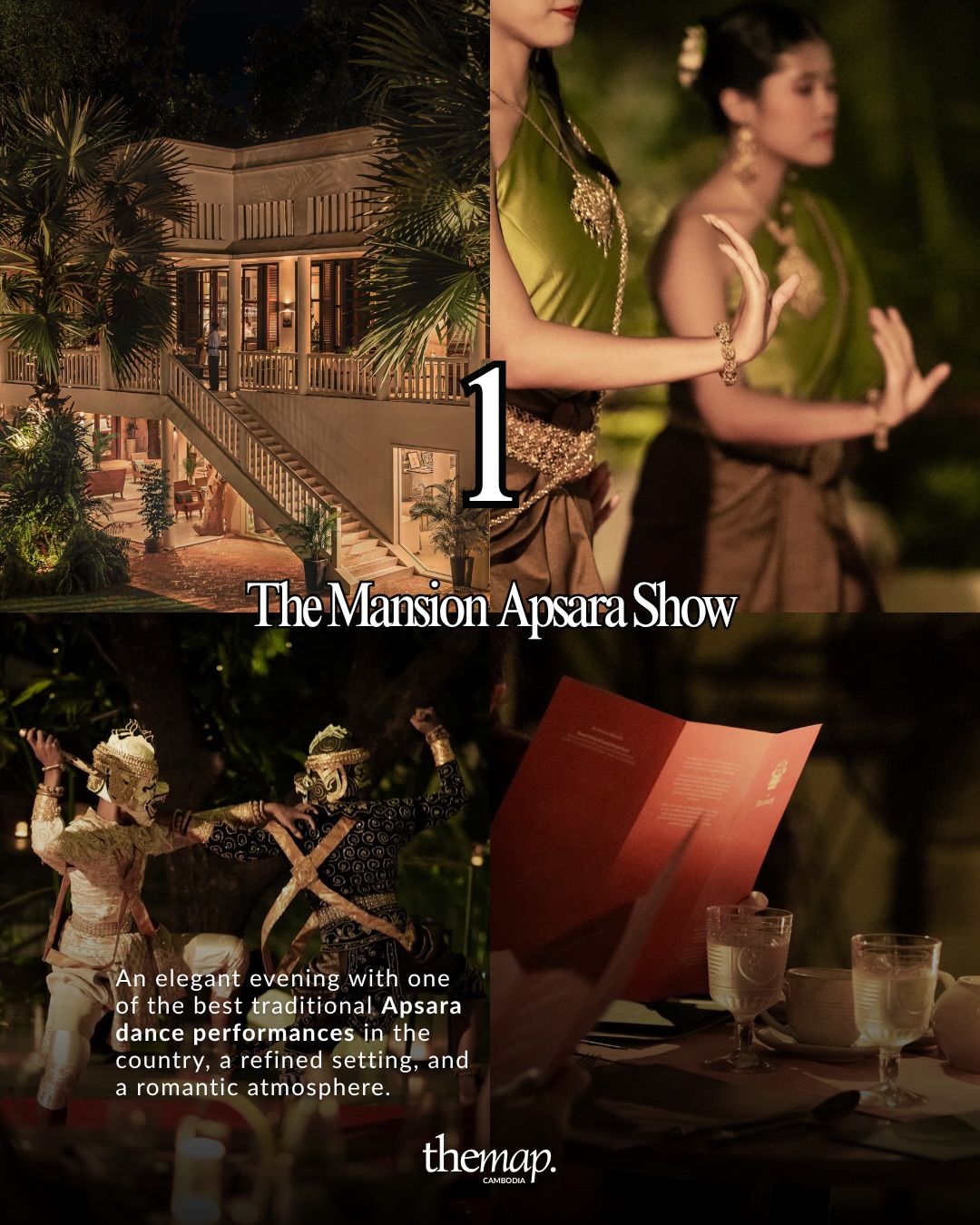 Apsara dancers in green and gold costumes performing in the evening at The Mansion in Siem Reap