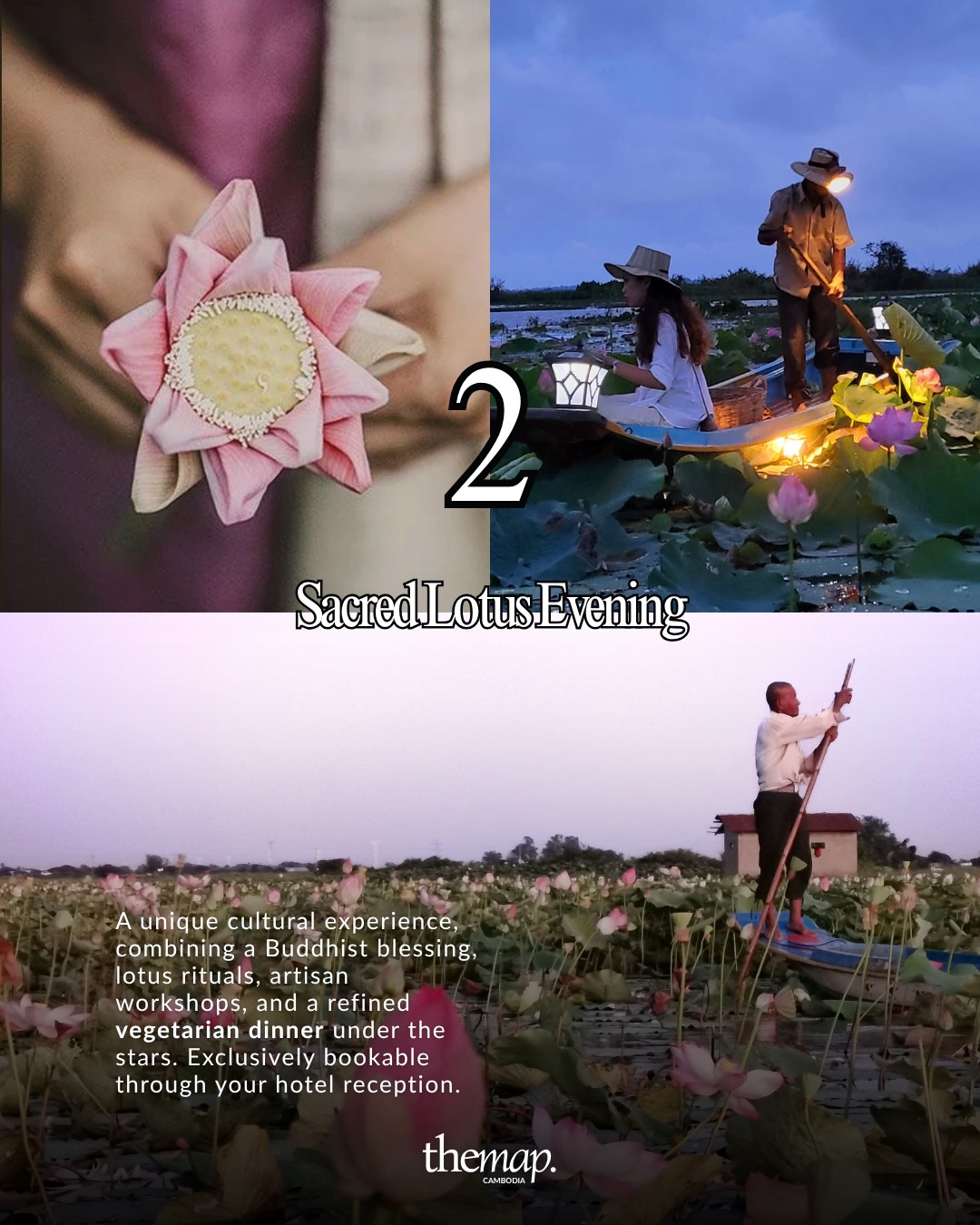 Lantern-lit boat ride through blooming lotus fields at dusk near Siem Reap