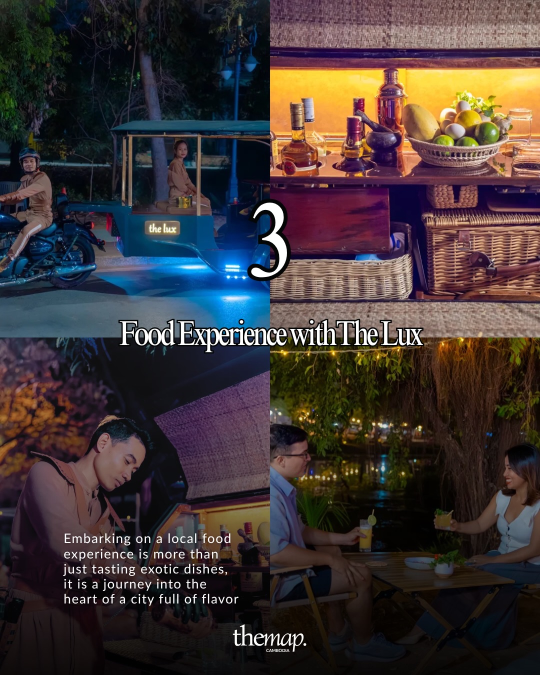 A couple enjoying cocktails by the water during The Lux tuk-tuk food experience in Siem Reap