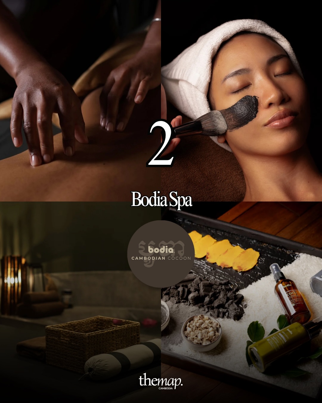 Charcoal facial mask treatment, dim treatment room and natural spa products at Bodia Spa in Siem Reap