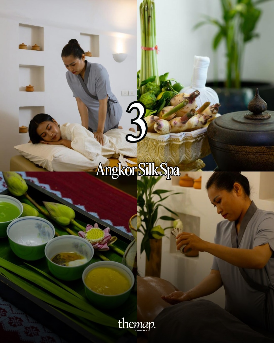 Khmer herbal compress with lemongrass and galangal, fresh scrub bowls and white treatment room at Angkor Silk Spa in Siem Reap