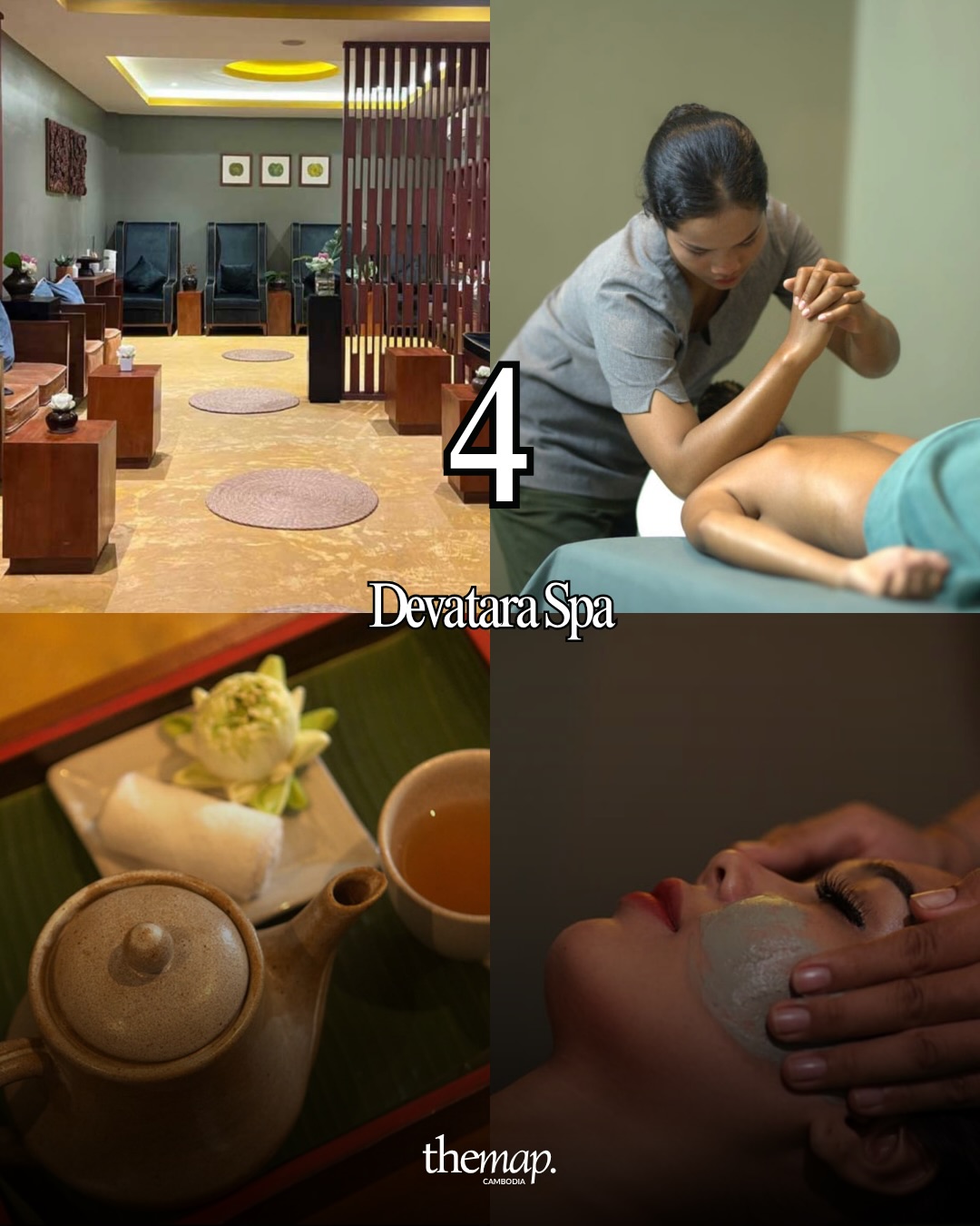 Waiting lounge, forearm massage, tea service and facial treatment at Devatara Spa in Siem Reap