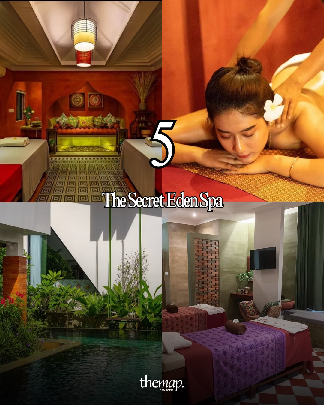 Red-toned treatment room, garden pool and frangipani massage at The Secret Eden Spa in Siem Reap