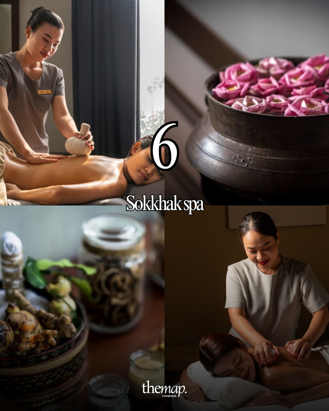 Herbal compress massage, brass bowl of pink lotus and natural ingredients at Sokkhak Spa in Siem Reap