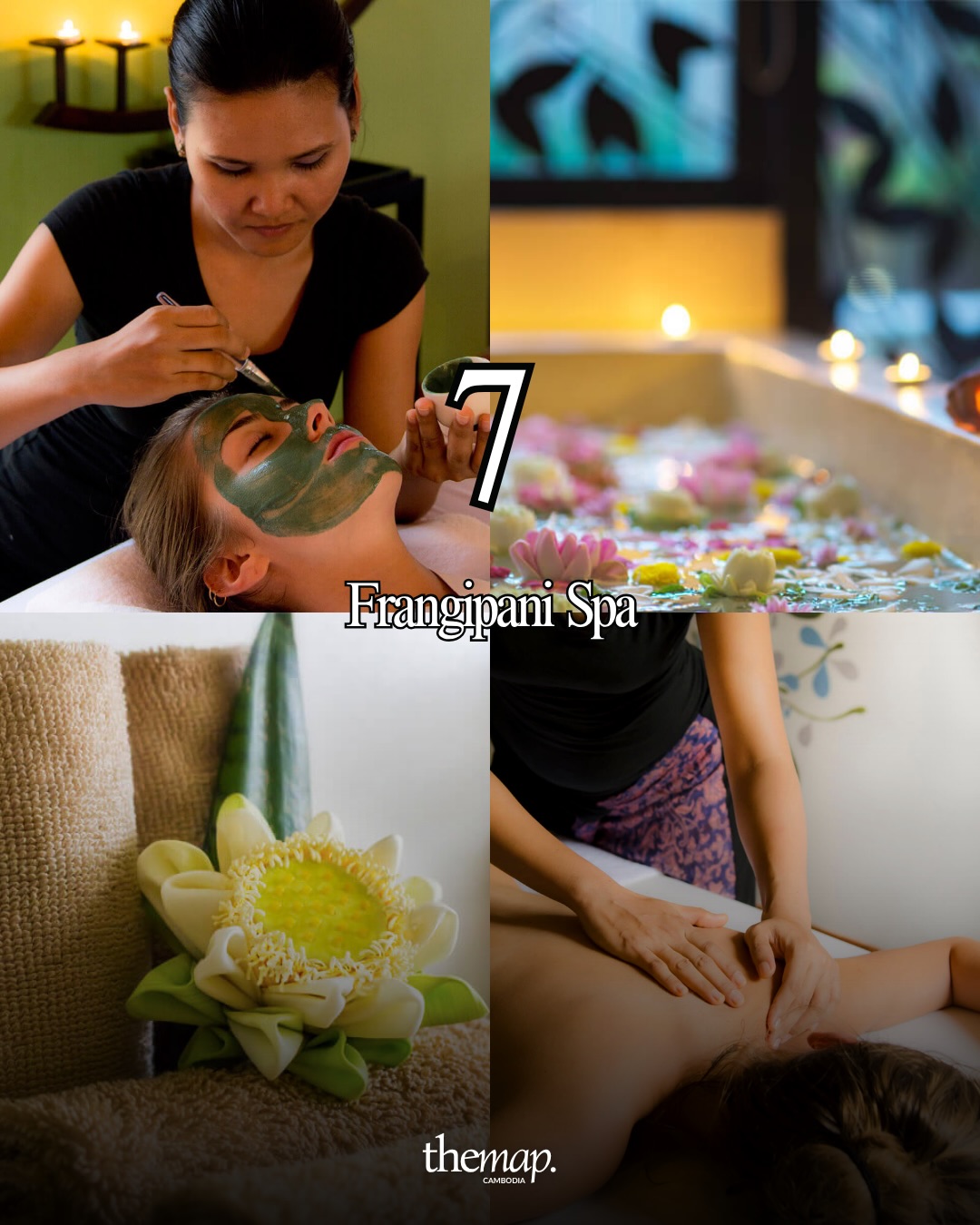 Green clay facial, candlelit flower bath with lotus petals and back massage at Frangipani Spa in Siem Reap