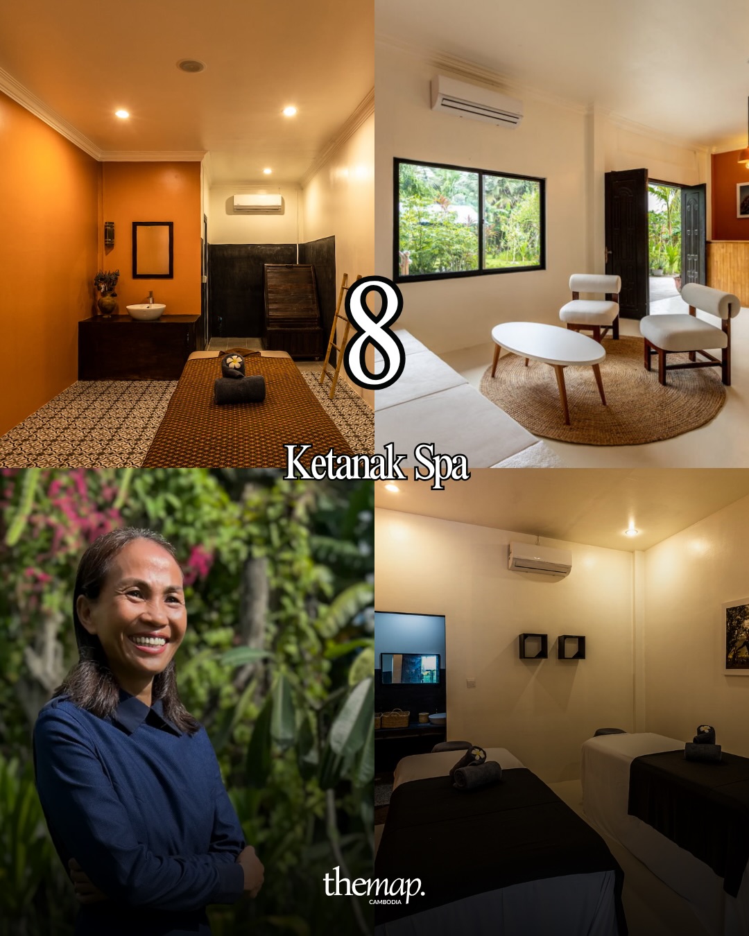 Warm-toned treatment room, garden-view lounge and twin treatment beds at Ketanak Spa in Siem Reap