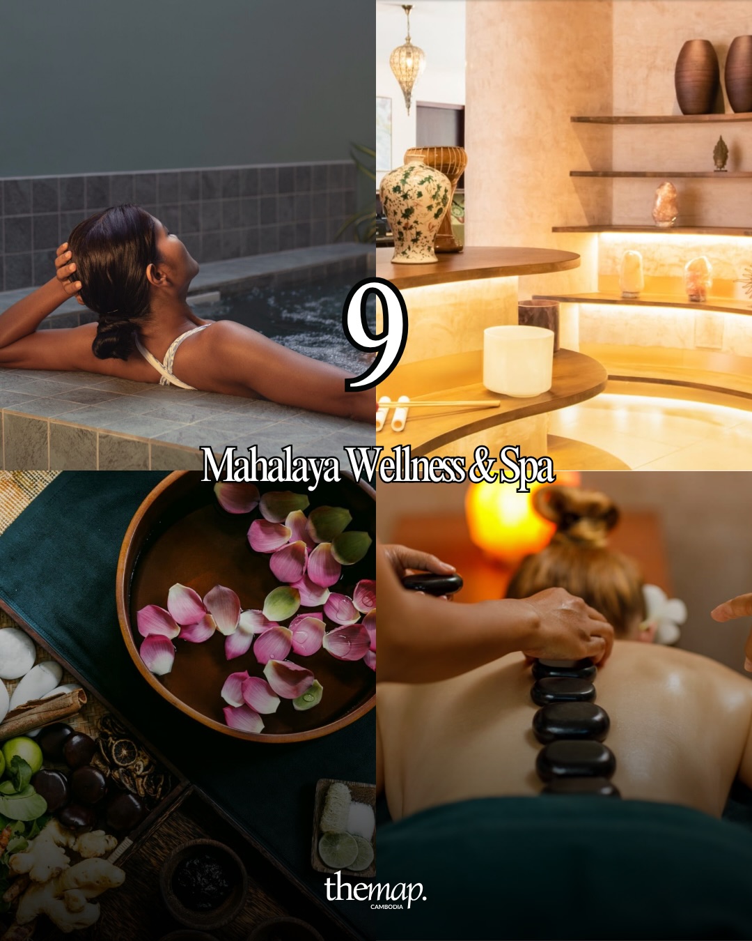 Water pool, salt crystal lamps, lotus petal bowl and hot stone massage at Mahalaya Wellness & Spa in Siem Reap