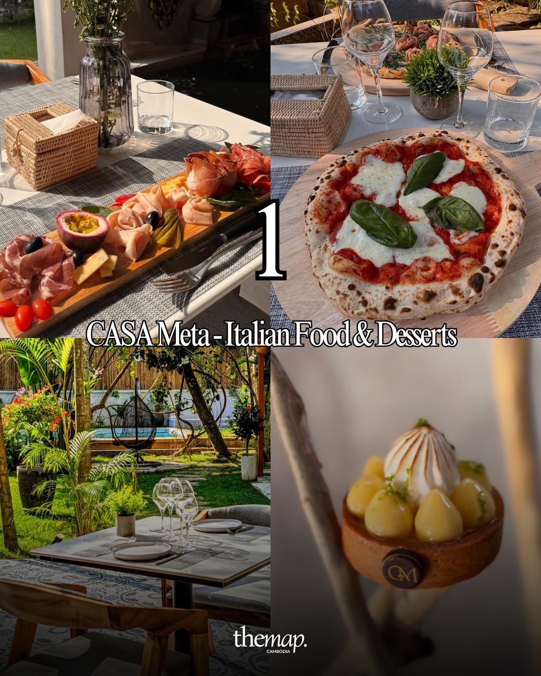 Planche d'antipasti, pizza Margherita et tarte au citron dans le jardin de Casa Meta, Siem Reap