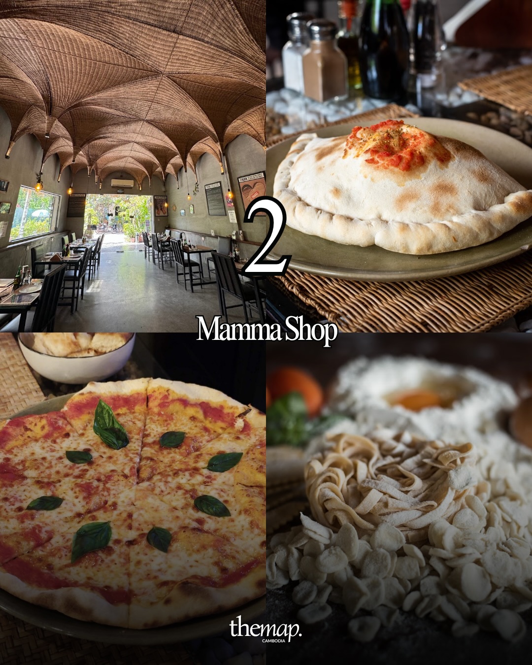 Salle au plafond voûté tressé, calzone et pâtes fraîches chez Mamma Shop, Siem Reap