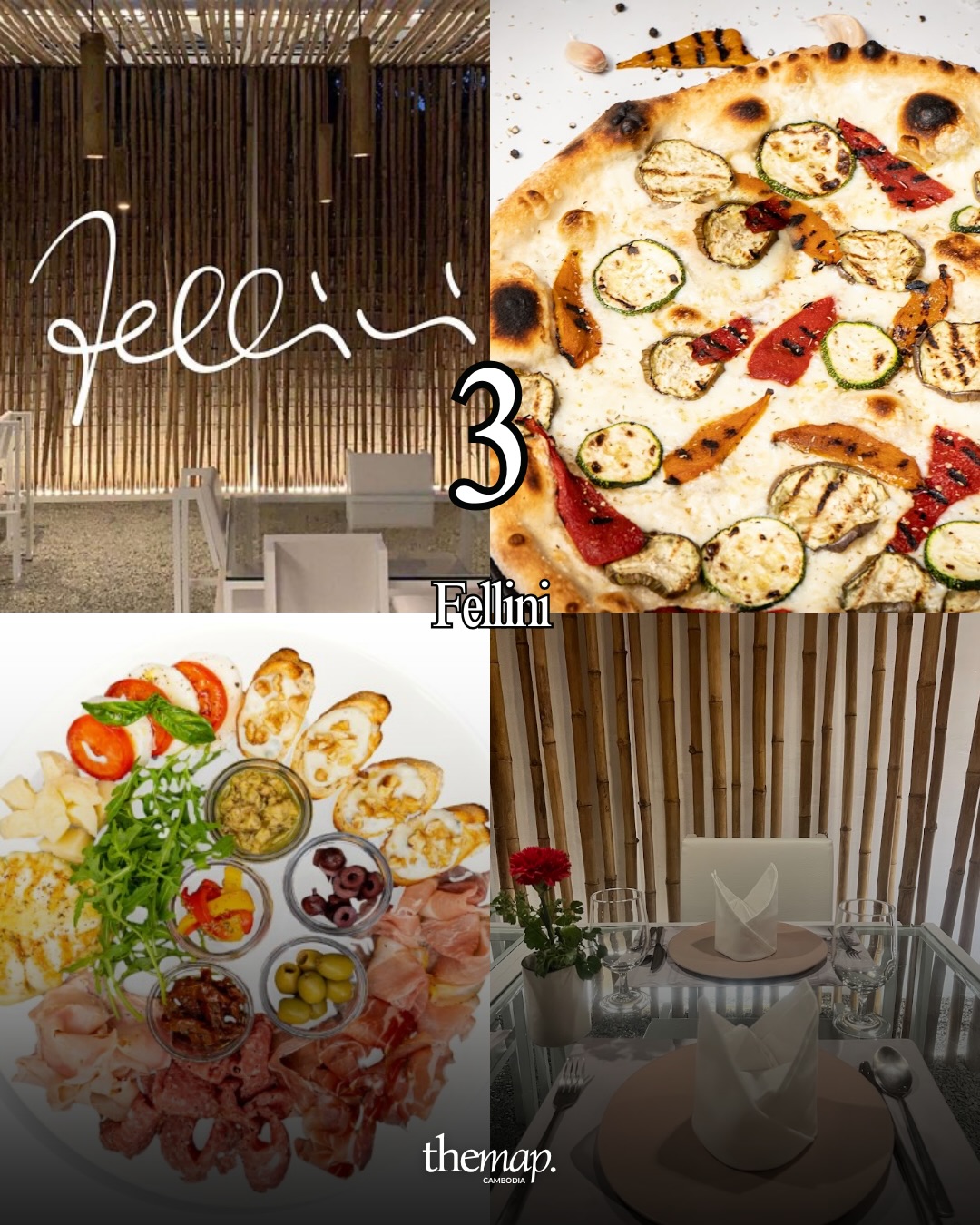 Pizza aux légumes grillés et planche d'antipasti à partager chez Fellini, restaurant italien minimaliste à Siem Reap
