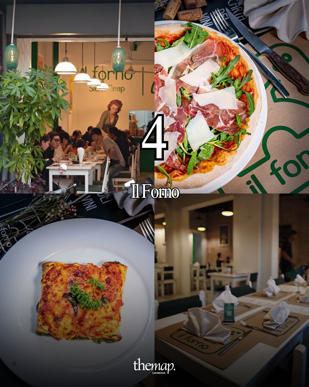 Pizza prosciutto-roquette à côté d'une lasagne au four chez Il Forno, Siem Reap