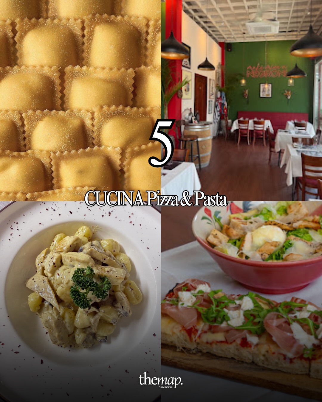 Raviolis, gnocchis aux champignons et intérieur de trattoria rouge et vert chez Cucina Pizza & Pasta, Siem Reap