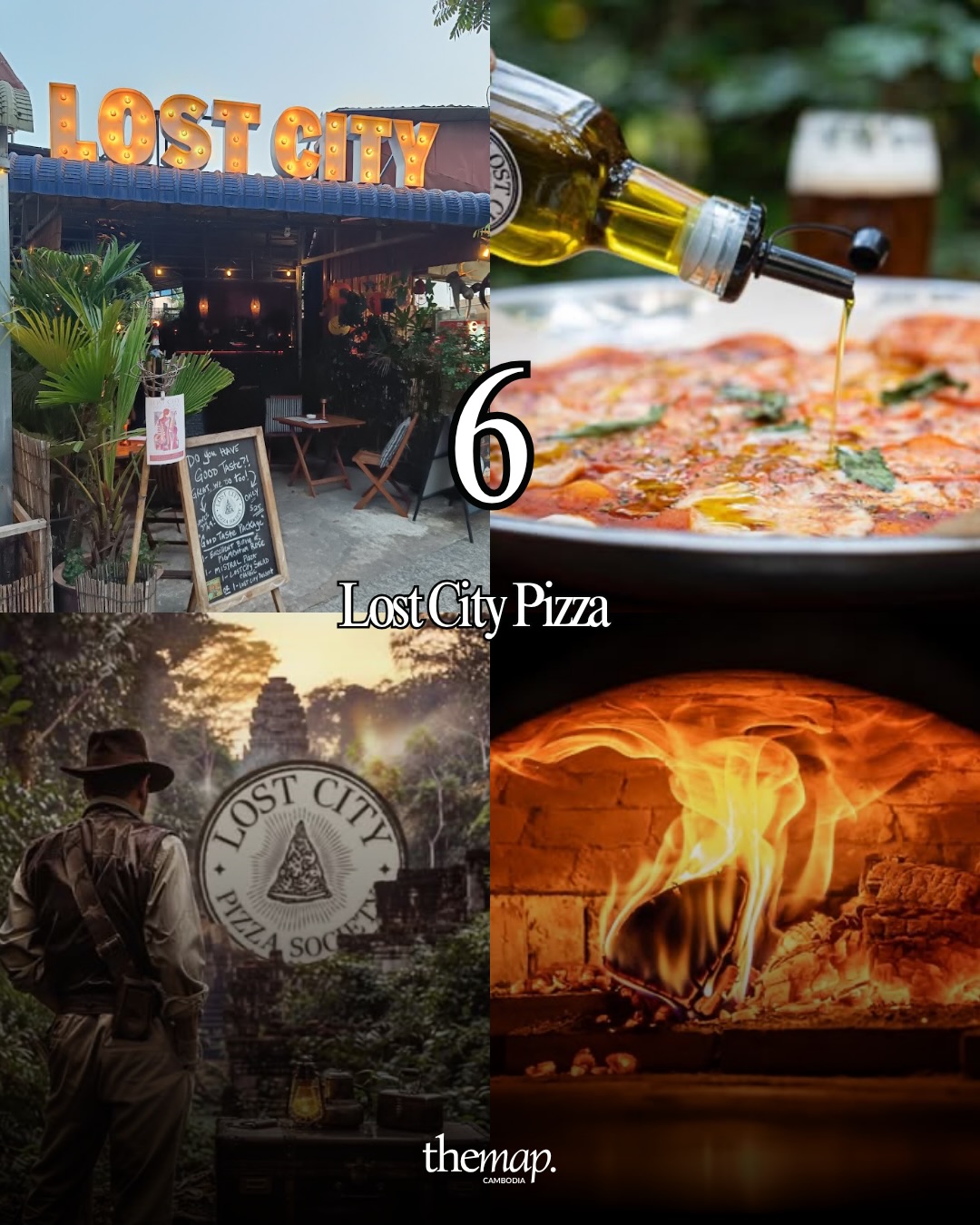 Devanture de Lost City Pizza, four à bois et pizza arrosée d'huile d'olive à Siem Reap