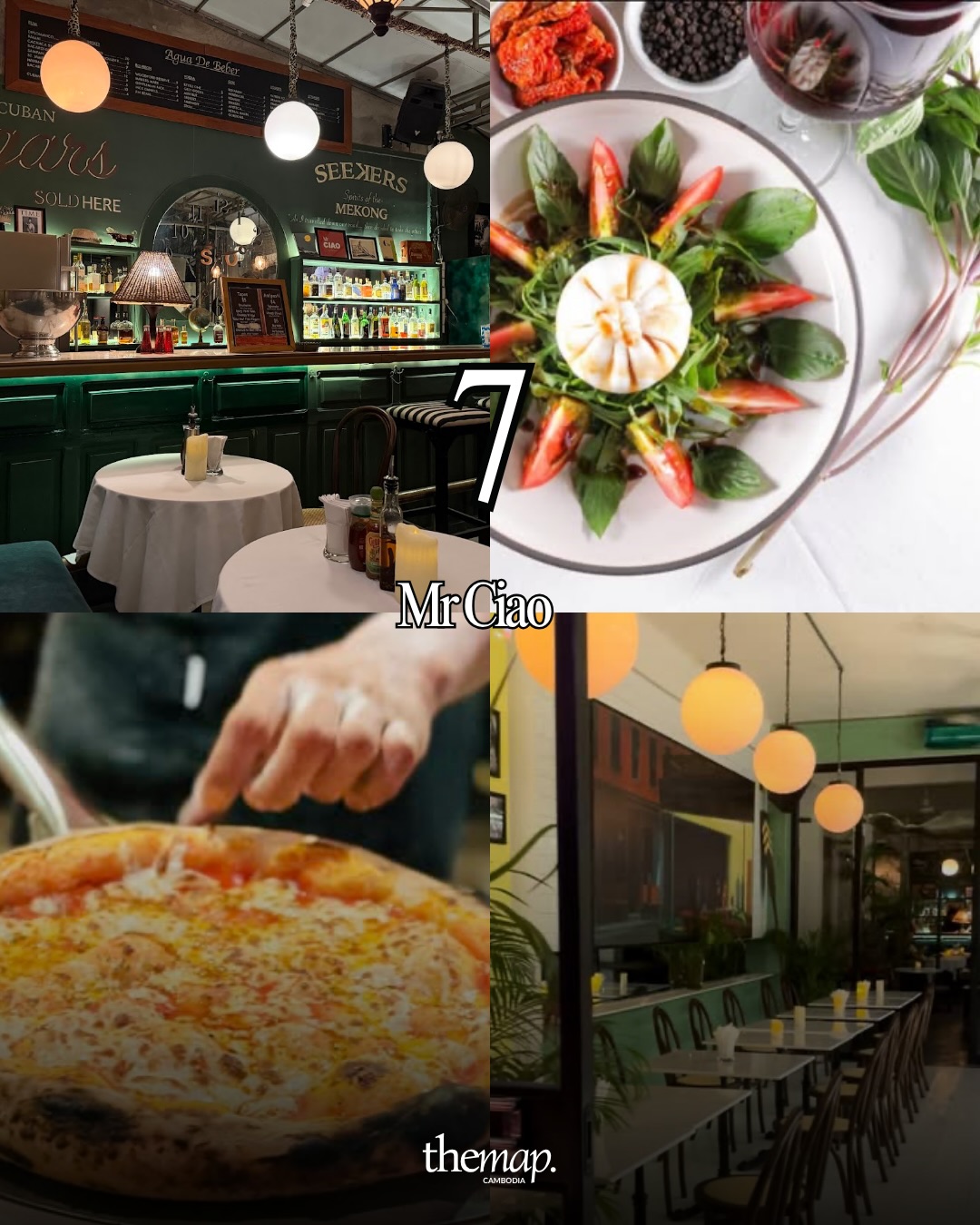 Salade de burrata et pizza fraîche dans la salle aux chandelles façon bar chez Mr Ciao, Siem Reap