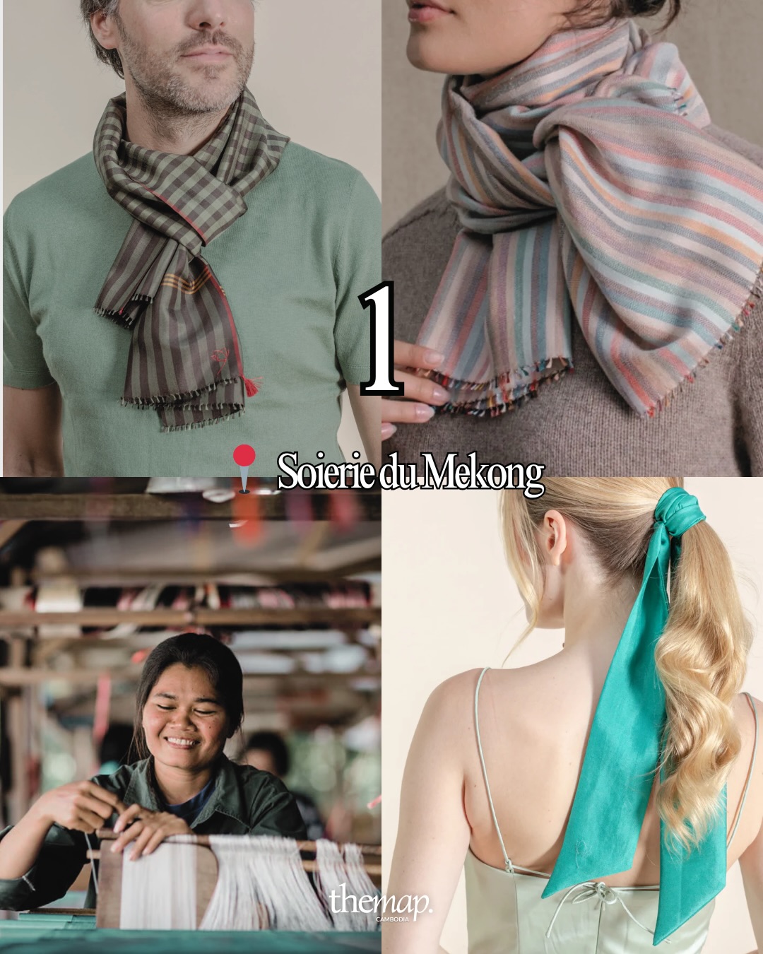 Handwoven silk scarves and a weaver at the loom, Soierie du Mekong Siem Reap
