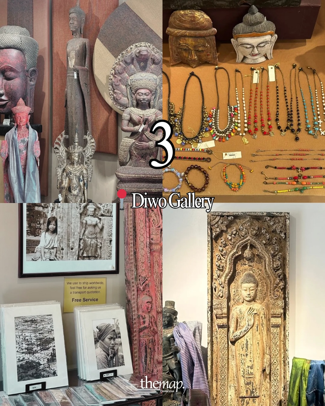 Wooden Buddha carvings, beaded necklaces and photography prints at Diwo Gallery