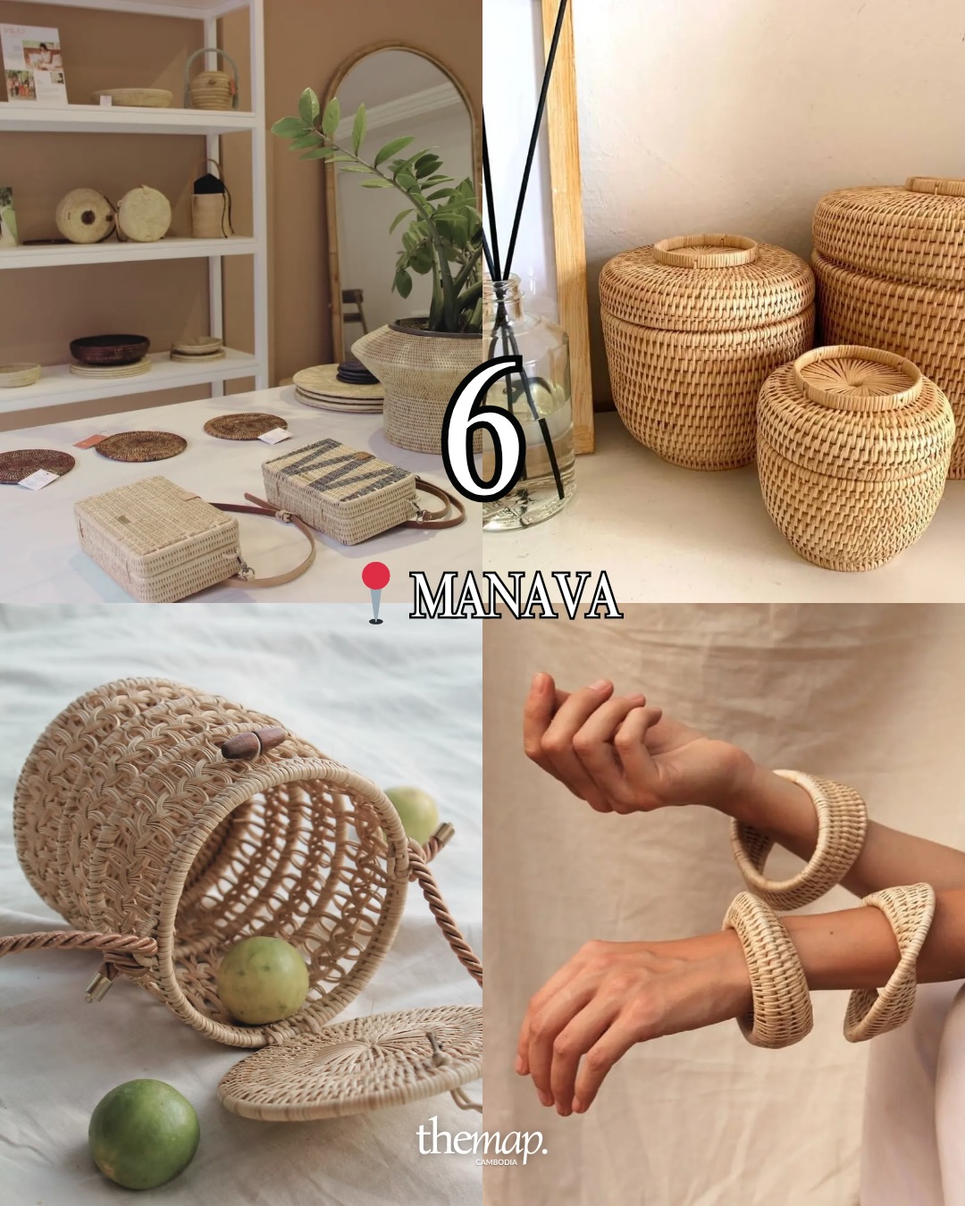 Woven rattan bags, baskets and bangles at MANAVA Siem Reap