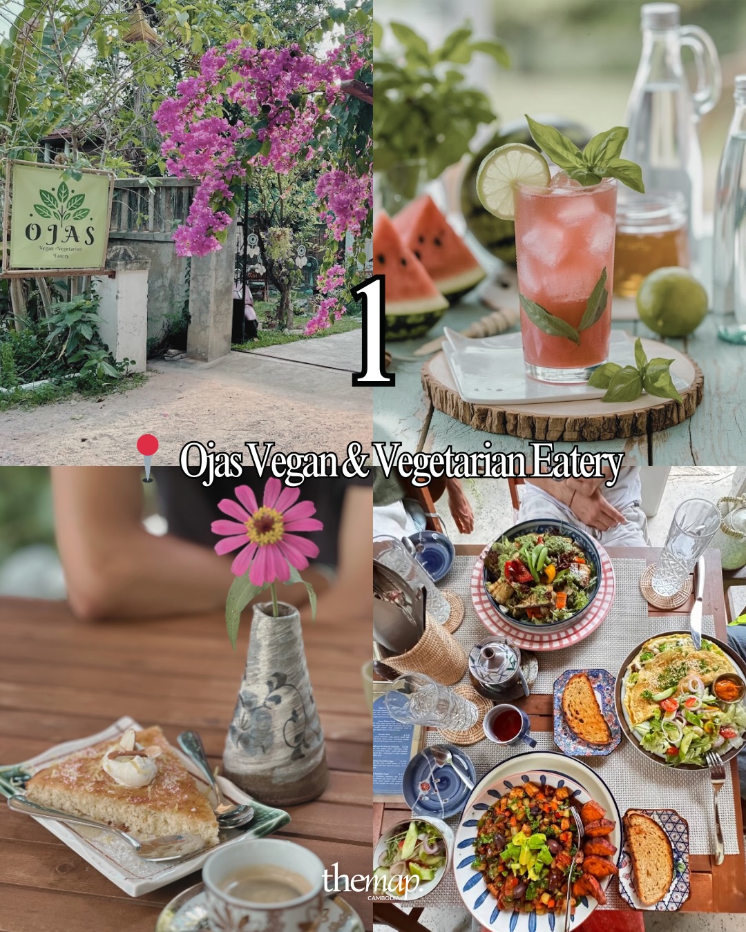 Garden entrance and a shared vegetarian spread at Ojas in Siem Reap