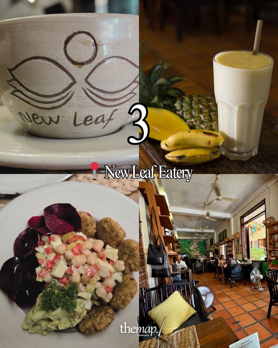 Stoneware cup, mango smoothie and a chickpea salad plate at New Leaf Eatery in Siem Reap