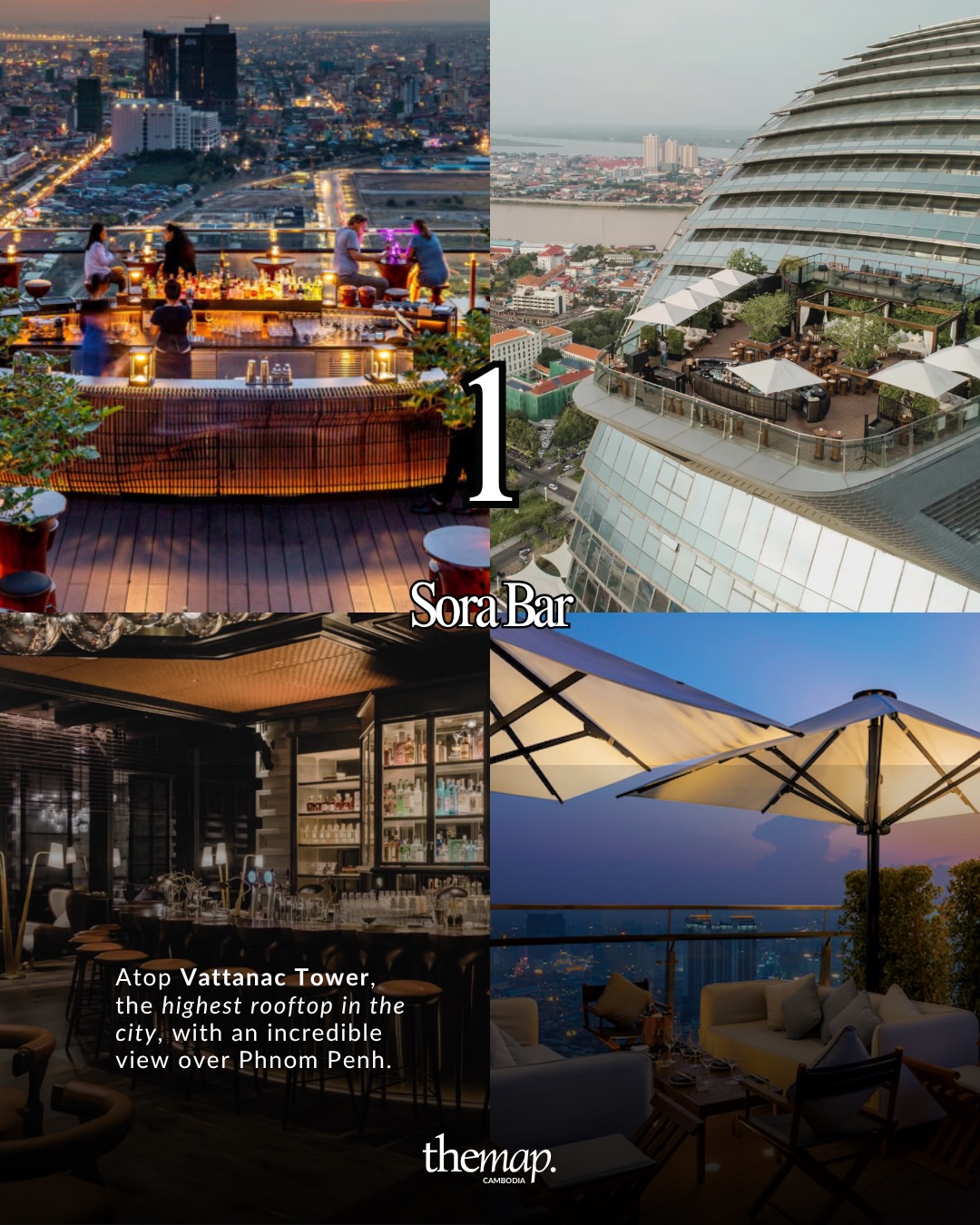 Sora Bar rooftop lounge with parasols and sofas high above Phnom Penh at sunset, atop Vattanac Tower
