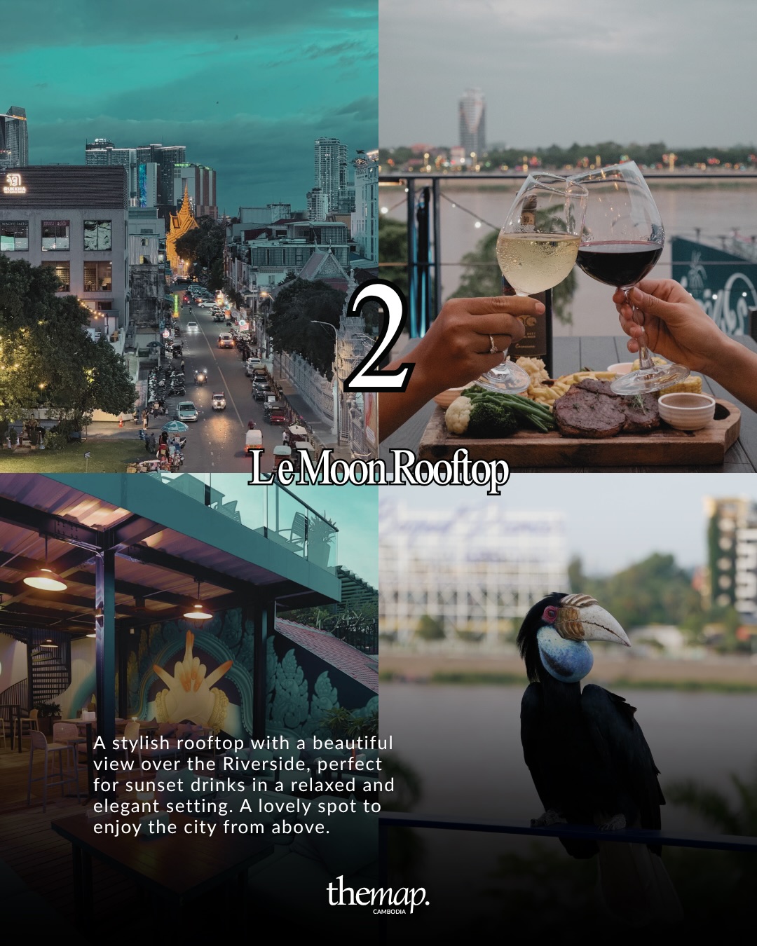 Two glasses of wine raised in a toast over a sharing plate at Le Moon Rooftop above the Phnom Penh Riverside