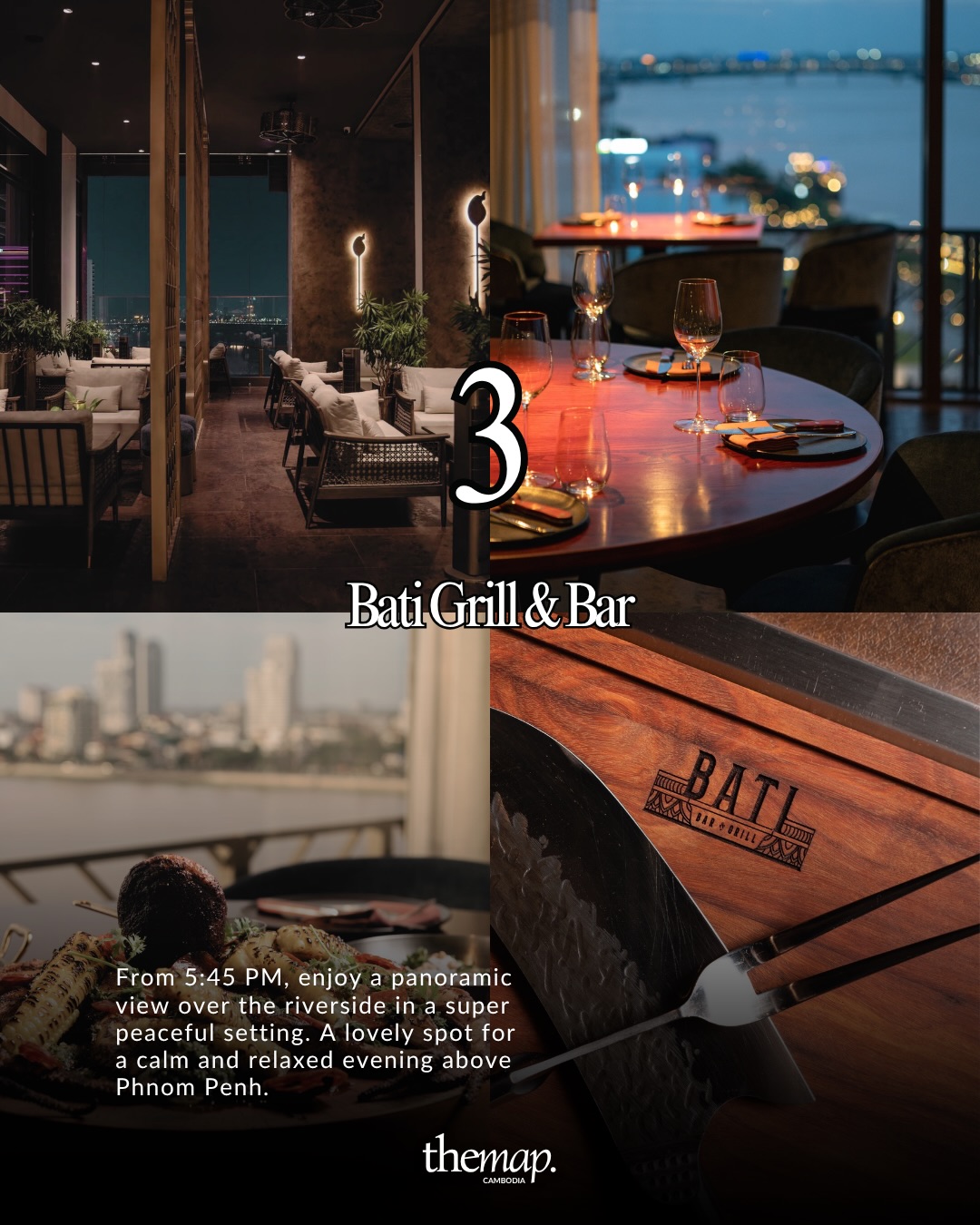 Riverside dining table set with wine glasses at Bati Grill & Bar in Phnom Penh at dusk