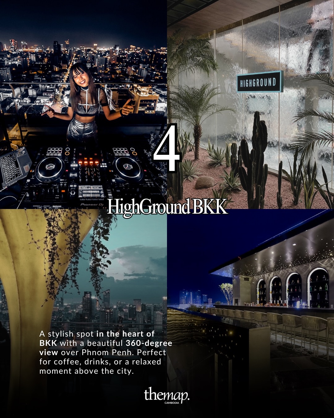 High Ground rooftop bar in central Phnom Penh with an arched lit bar, water wall and a cactus garden at night