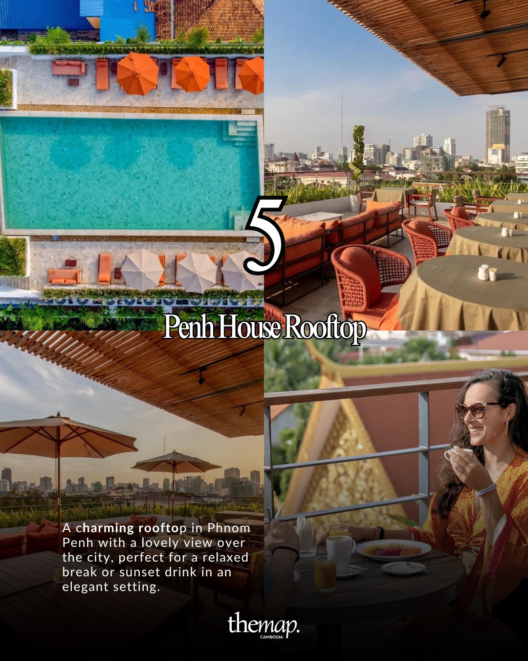 Penh House Rooftop in Phnom Penh with a pool, orange parasols and terrace seating overlooking the city