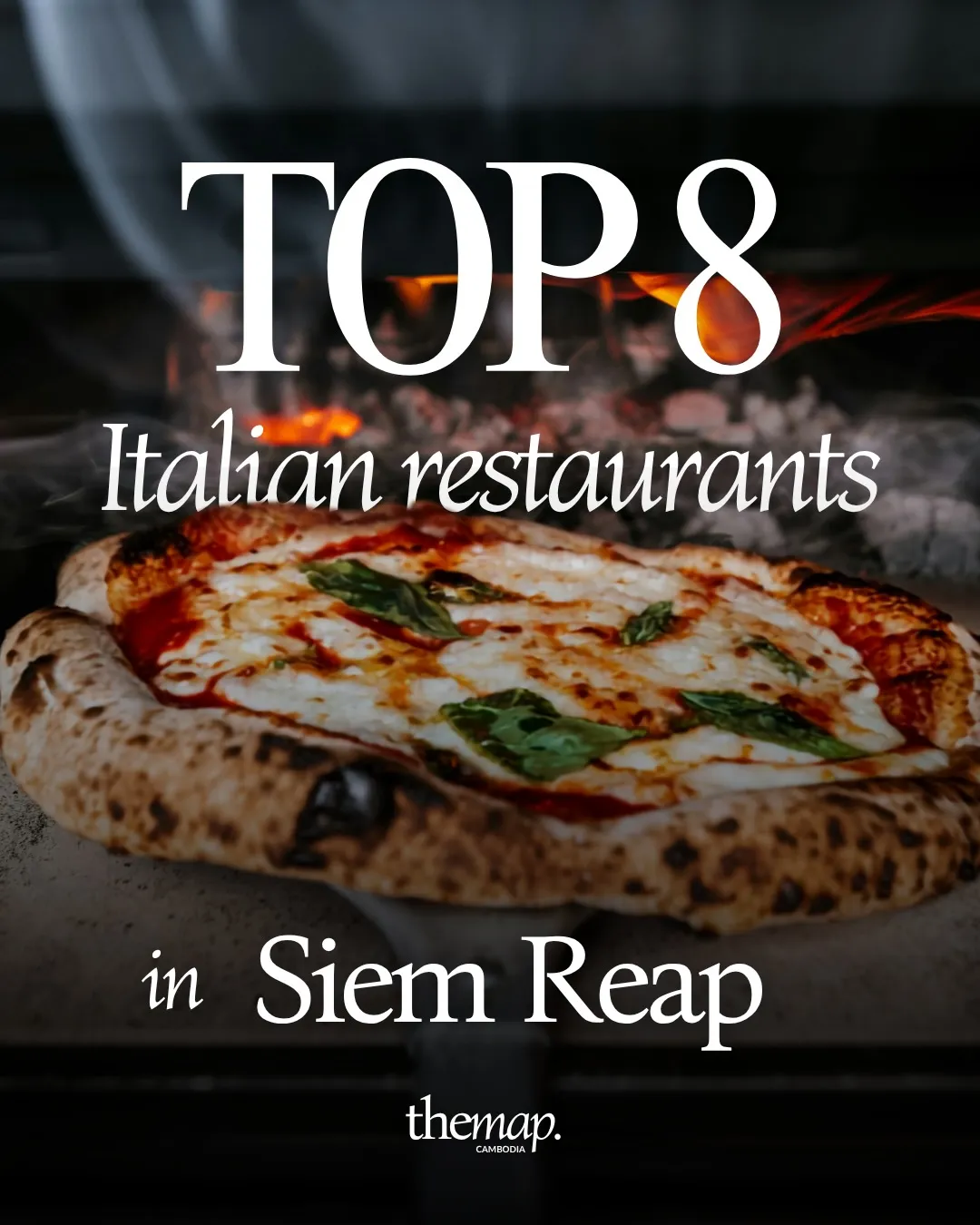 Wood-fired Margherita pizza with basil pulled from a flaming oven in Siem Reap