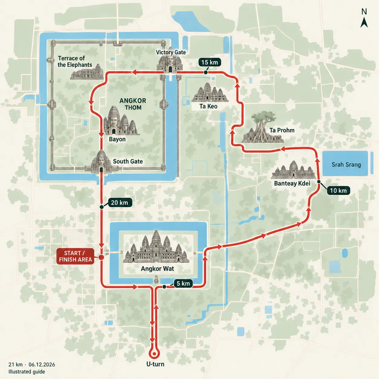 Illustrated schematic of the 21 km Angkor Wat Half Marathon 2026 route, based on the official course map; indicative layout, subject to change.