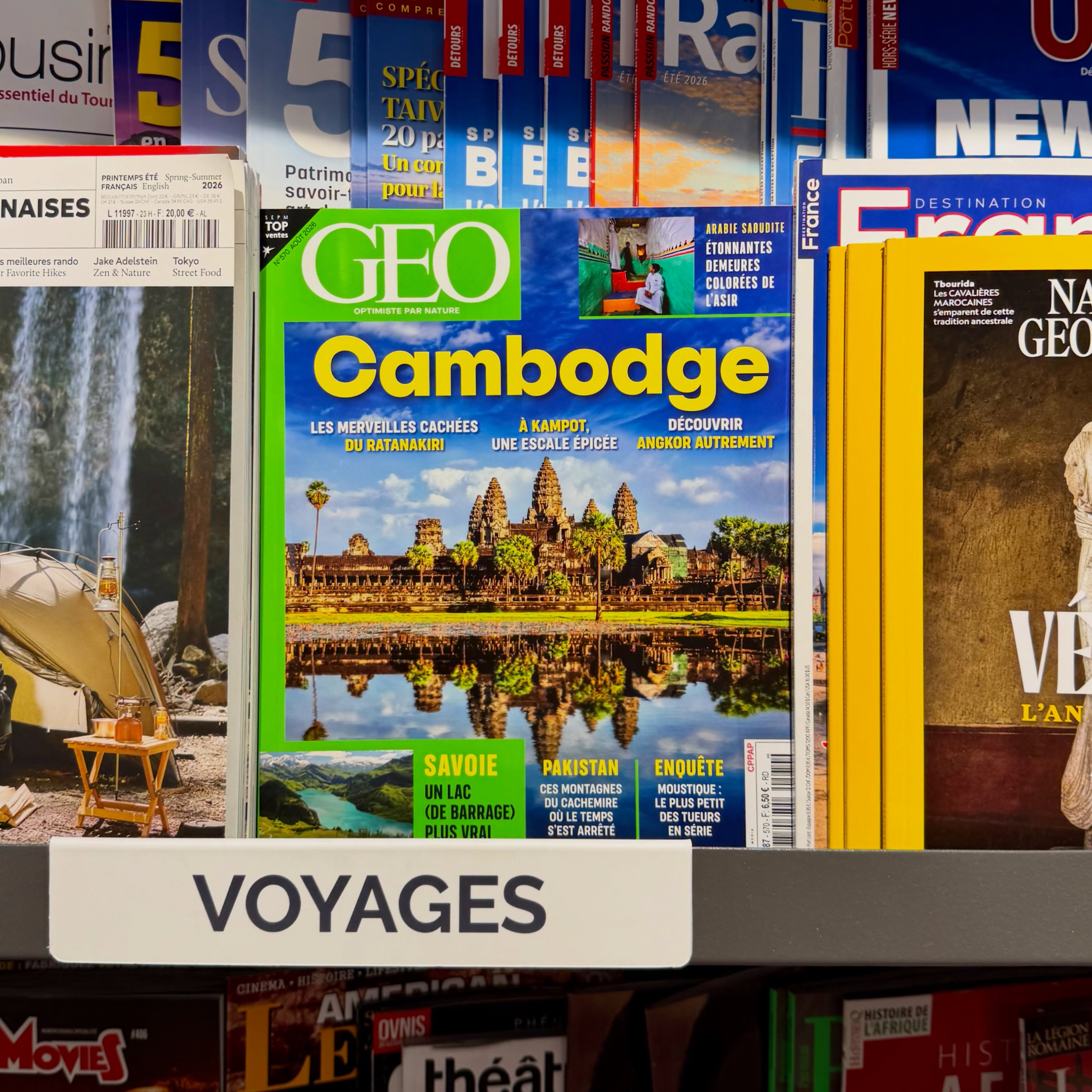 The GEO Cambodia issue on the travel shelf of a French newsstand