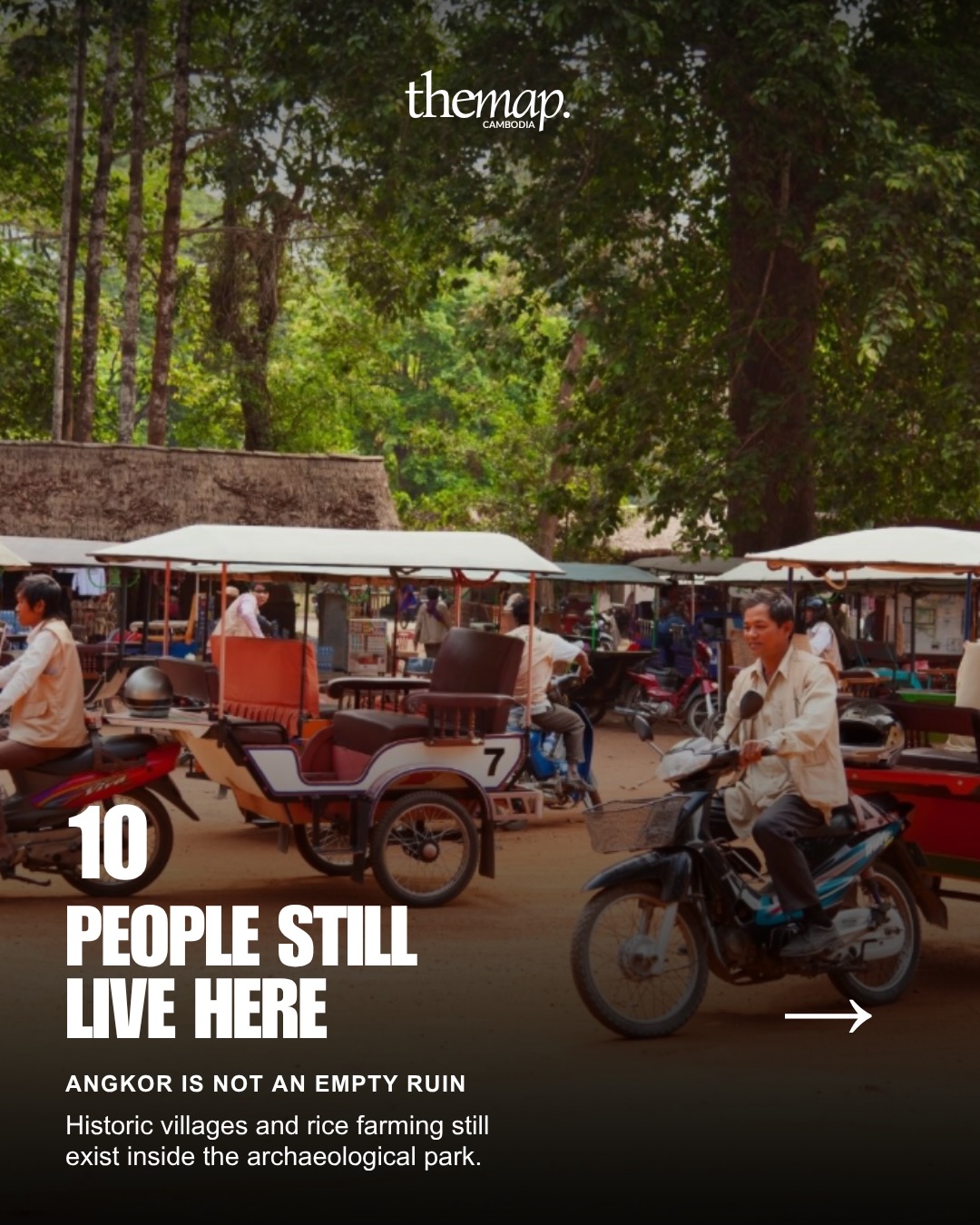 Tuk-tuks and daily life within the inhabited Angkor Archaeological Park