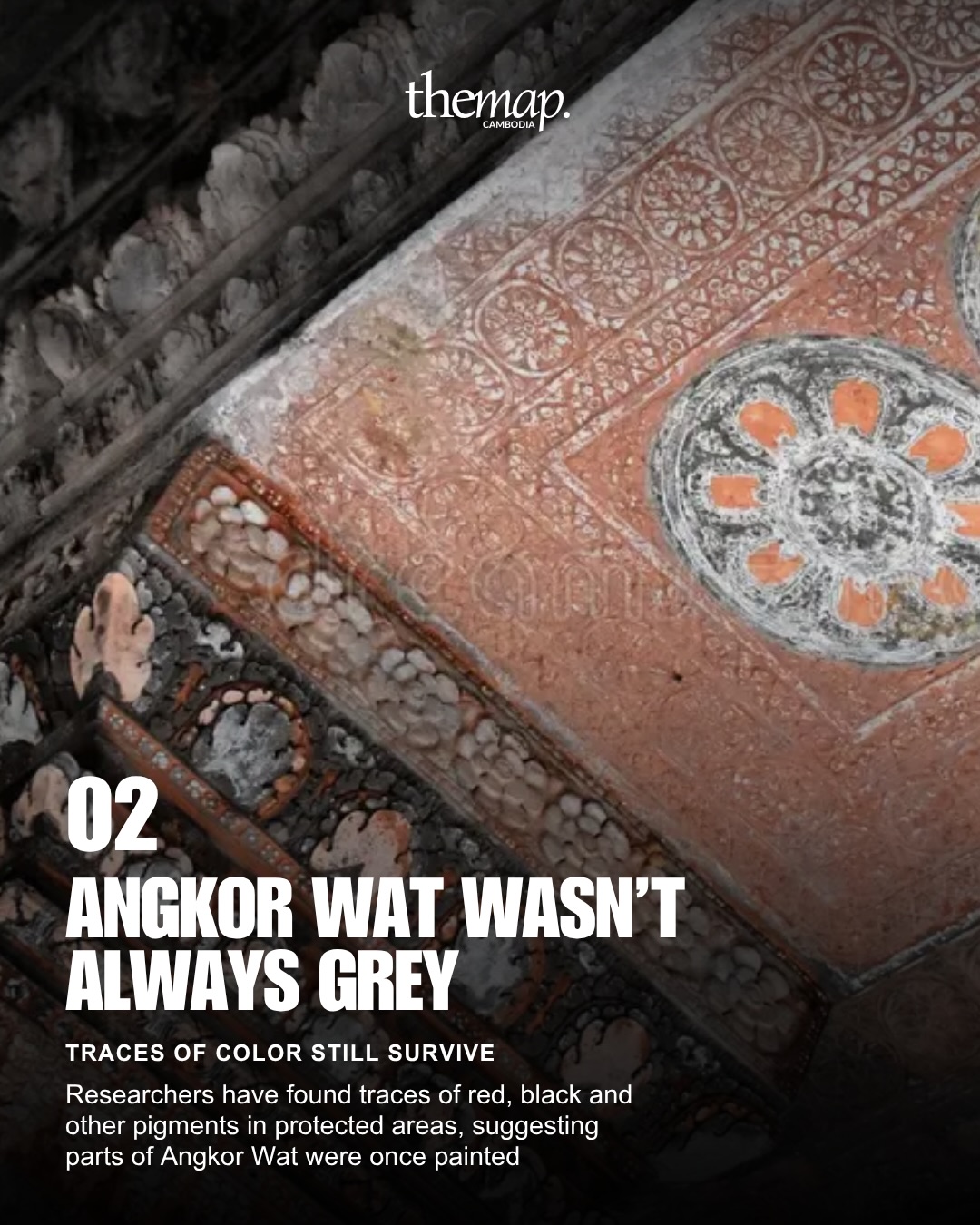 Surviving red pigment and decorative detail at Angkor Wat