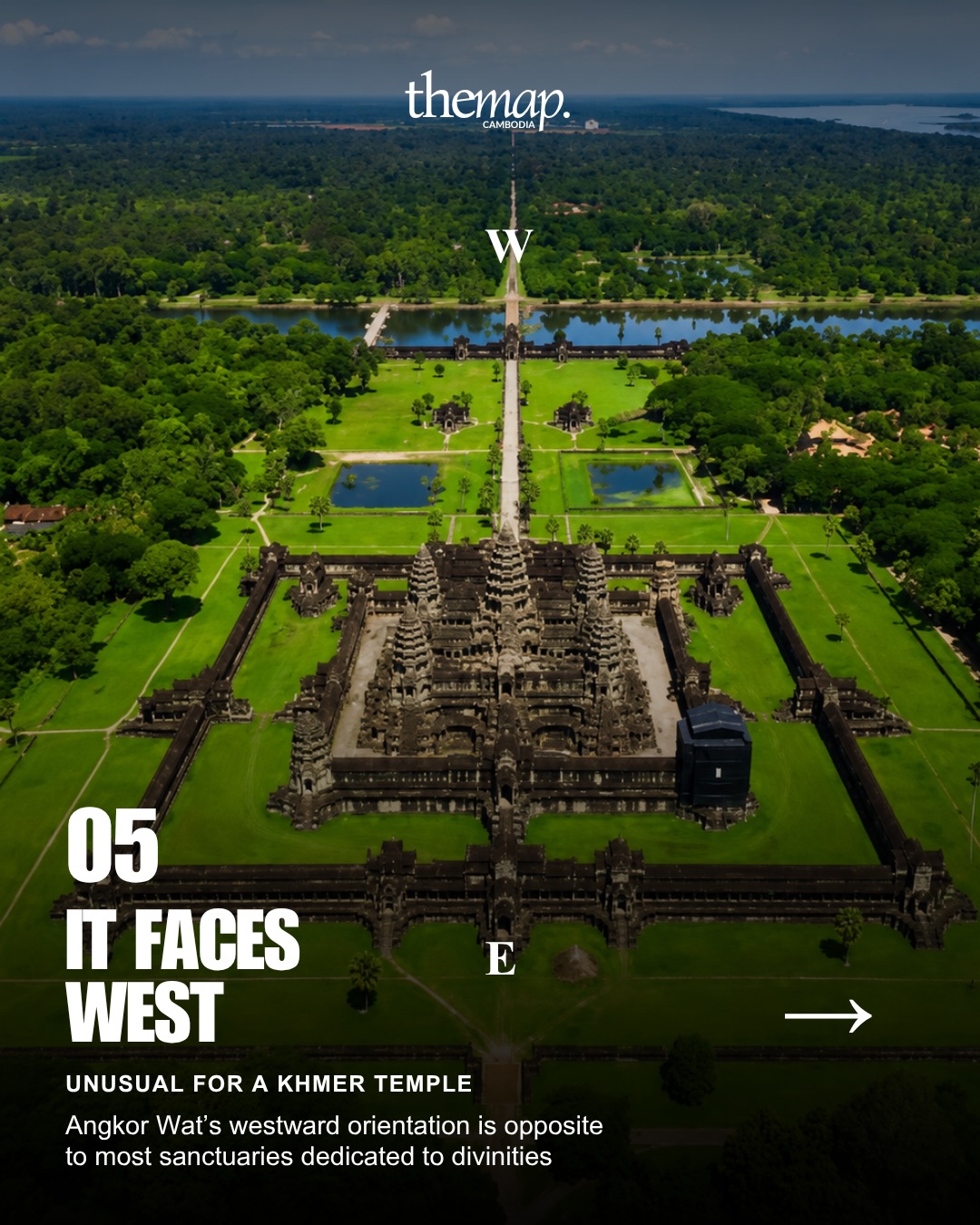 Aerial view showing Angkor Wat's unusual west-facing orientation