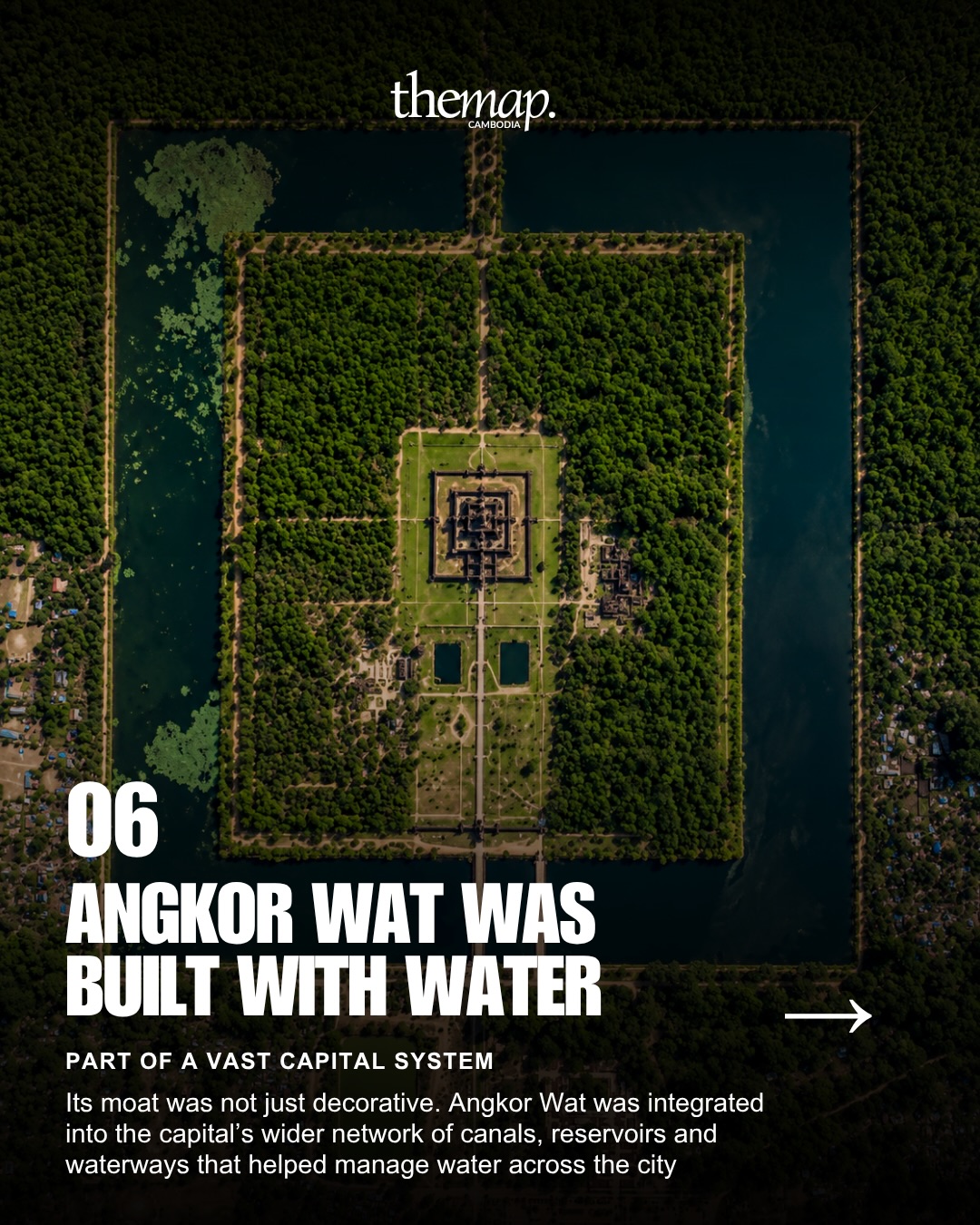 Angkor Wat surrounded by its moat and the green landscape of Angkor
