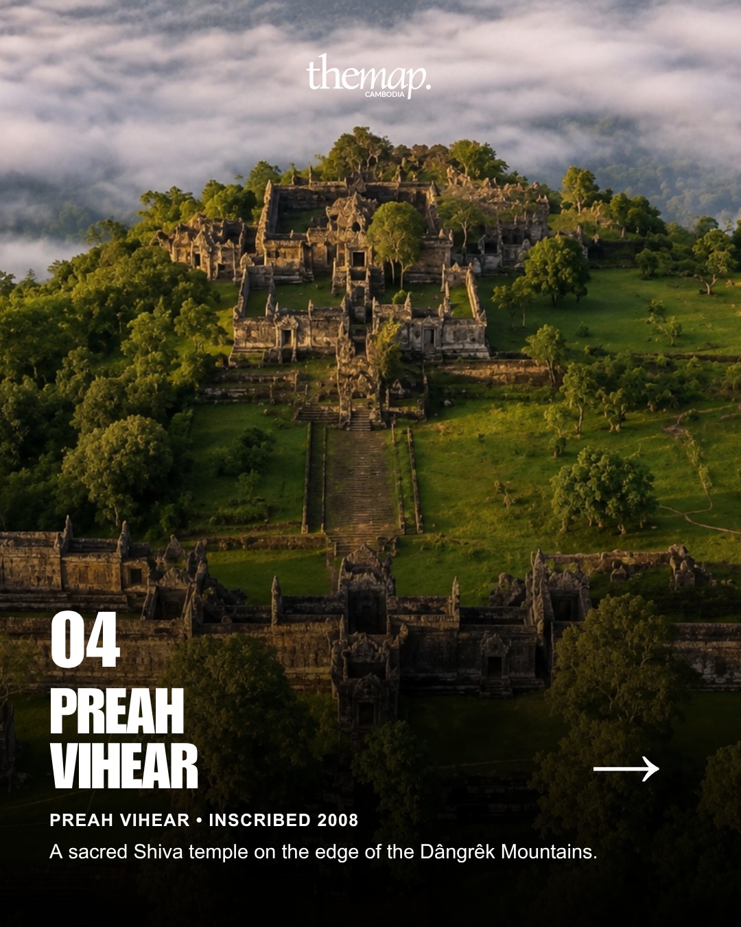 Preah Vihear temple at dawn, its stairways climbing the ridge above a layer of cloud