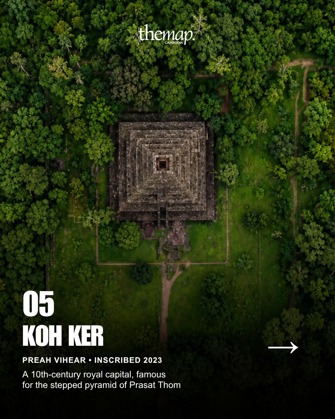 Overhead view of the stepped pyramid of Prasat Thom at Koh Ker, surrounded by forest