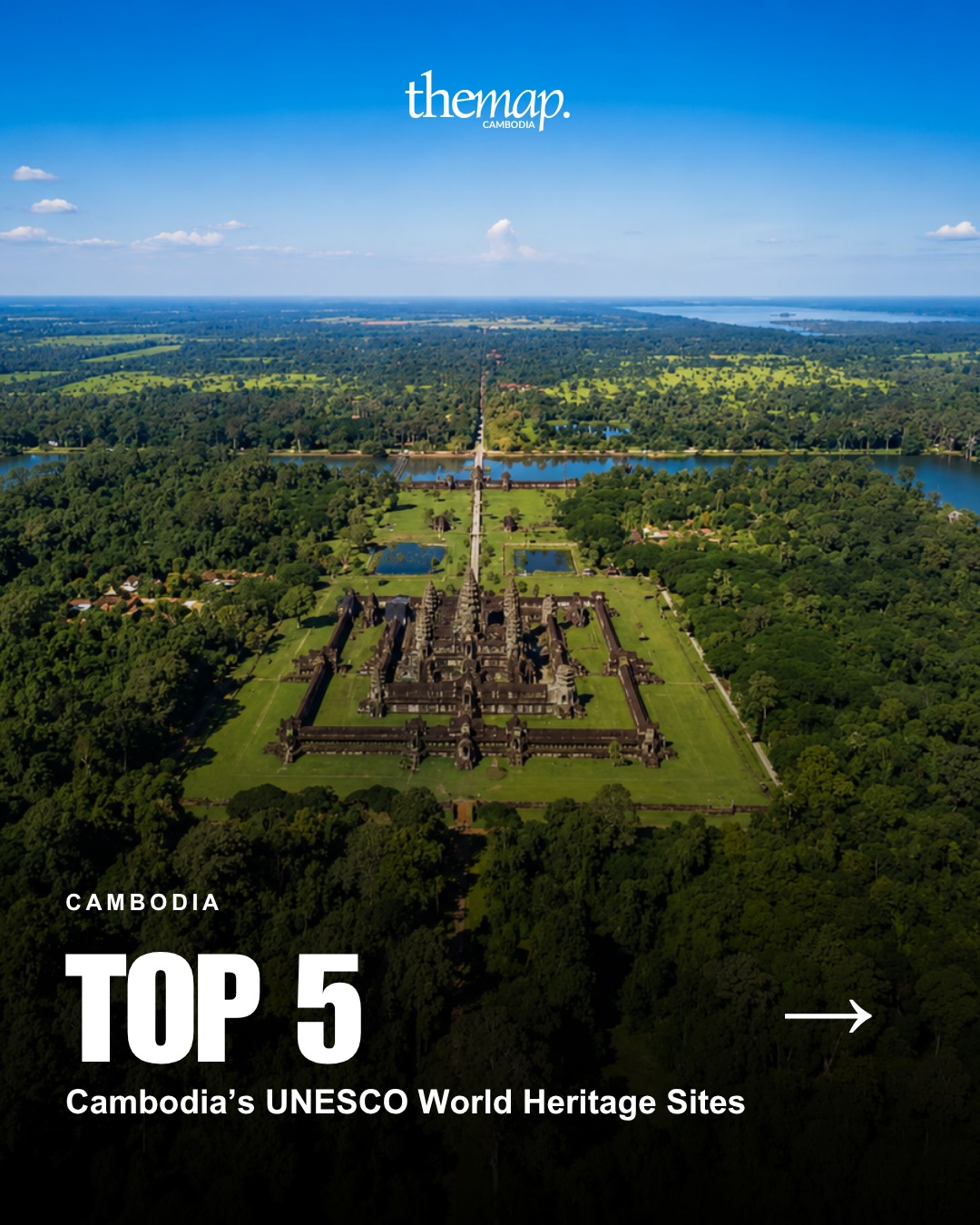 Angkor Wat and its moat seen from the air, surrounded by forest and water