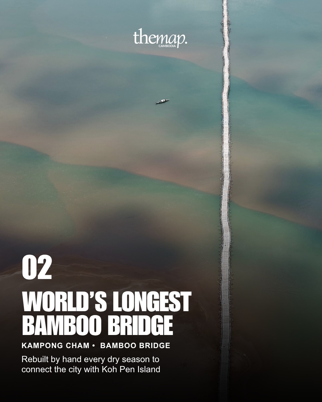 Aerial view of the bamboo bridge crossing the Mekong to Koh Pen island