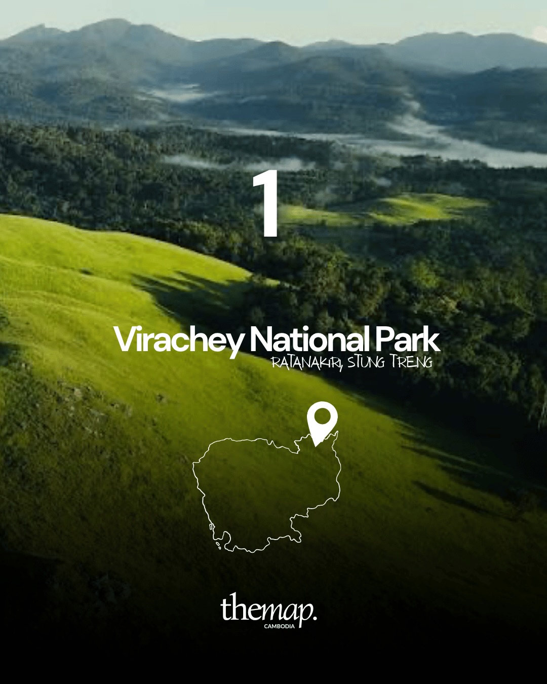 Rolling green ridges and misty forested valleys in Virachey National Park, Ratanakiri