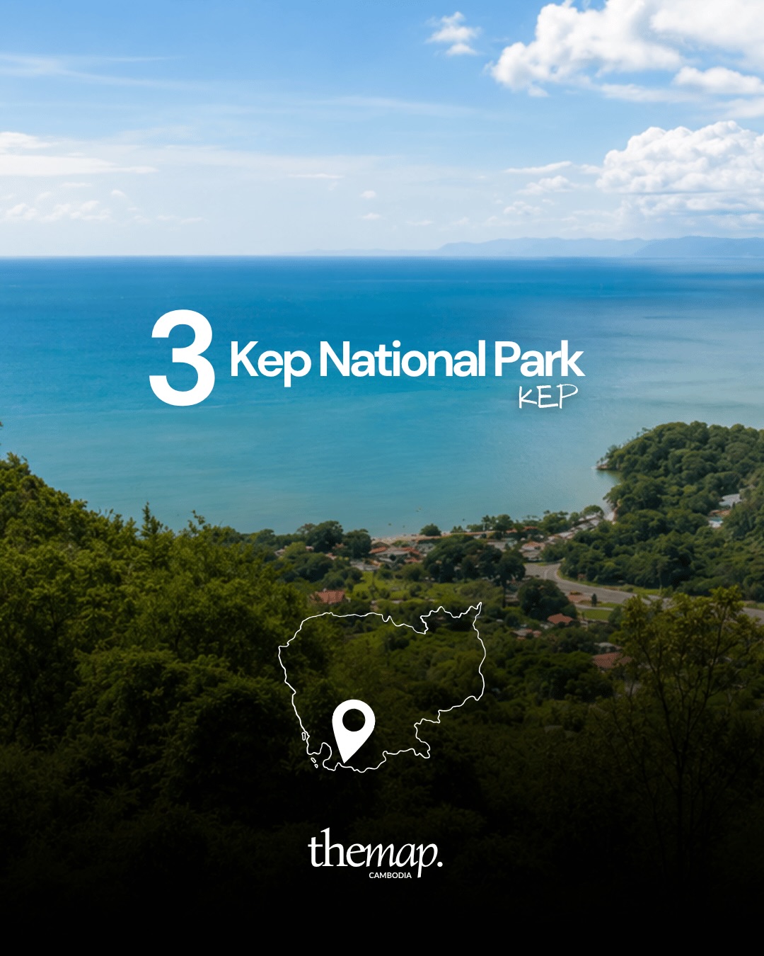 View over the sea and a green bay from the wooded hillside of Kep National Park