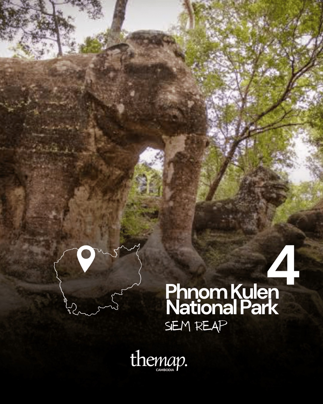 Carved stone elephant among trees and mossy boulders at Phnom Kulen