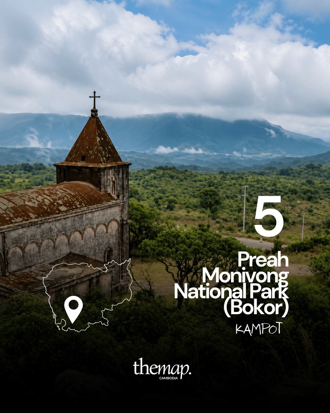 The abandoned church on the Bokor plateau with cloud-covered mountains behind
