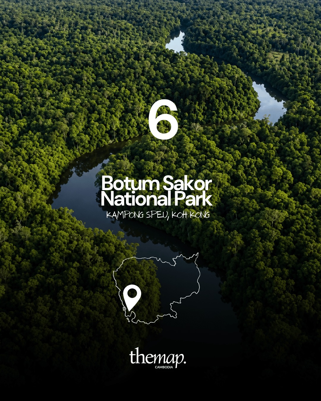 Aerial view of dense forest cut by a winding river in Botum Sakor National Park